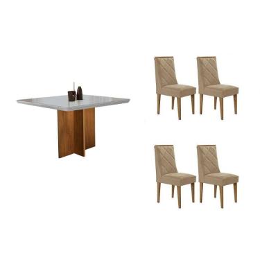 Imagem de Sala Jantar Mesa Berlim Tampo c/ Vidro Curvo 90cm+4 Cadeiras Pietá Madeira Naturale/Off White - Capuccino/Suede Creme - Rufato