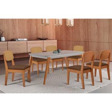 Imagem de Sala Jantar Mesa Havana Tampo c/ Vidro Curvo 180cm+6 Cadeiras Havana Naturale/Off White - Corano Capuccino - Rufato