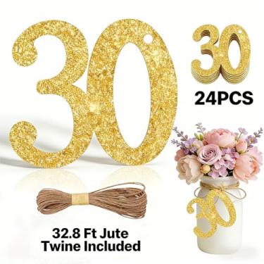 Imagem de ALISSAR 24 peças de etiquetas de ouro com 30 números com barbante de juta de 32,8 m – decorações de aniversário de 30 anos, artigos de festa de 30 anos, peças centrais de pote de pedreiro, kit de