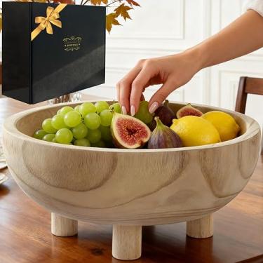 Imagem de Tigela decorativa de madeira feita à mão para frutas, salada, pão e lanches, peça central multiuso para balcão de cozinha, mesa de jantar ou apanhador de chaves de entrada - presente de inauguração de