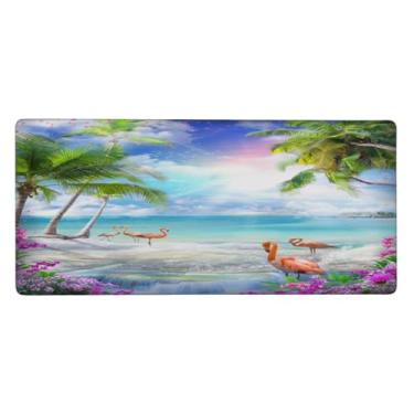 Imagem de Tapete de rato grande flamingo, oceano, palmeira, à prova d'água, tapete protetor de mesa estendido para computador, base de borracha antiderrapante para escritório, computador, teclado, laptop e mesa