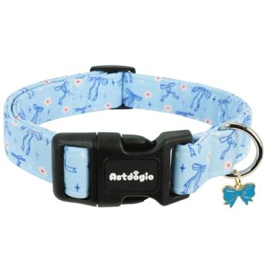 Imagem de Astdogio Coleira de cachorro grande, coleiras para cães com laço azul e padrão de flores brancas, coleira azul ajustável para cães grandes, coleiras fofas de férias para cães, ideal para acessórios