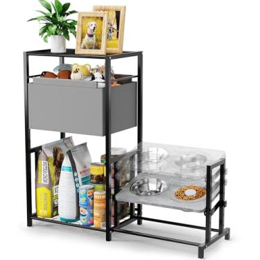 Imagem de GUIBUKEYAN Suporte elevado para tigelas para cães com organizador de armazenamento de animais de estimação, armário de estação de alimentação ajustável com cesta de brinquedos para cães grandes