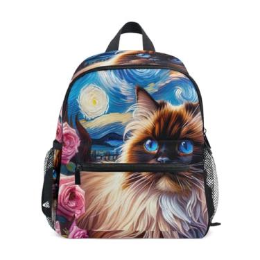 Imagem de GAIGEO Cute Cat Starry Night Rose Backpack for Kids, 10x4x12 In, Preschool Girl Backpack Includes Water Bottle Pockets, Whistle Clip for Safety