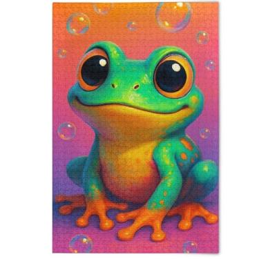 Imagem de Quebra-cabeça verde sapo engraçado fofo 1000 peças pintura animal adulto arte paisagem cenários presentes engraçados jogos tecnológicos, 1000 peças, 75 x 50 cm
