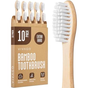Imagem de VIVAGO Escovas de dentes de bambu extra firmes para adultos, pacote com 10 – Escova de dentes de cerdas extra rígidas sem BPA