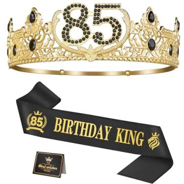 Imagem de Asija Presentes de aniversário de 85 anos para homens, decorações de aniversário de 85 anos para homens, suprimentos de decoração de festa, incluindo coroa de rei, faixa e cartão de felicitações