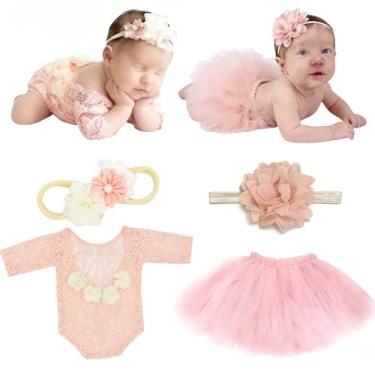 Imagem de 4 peças de roupas para fotografia de recém-nascidos, adereços para fotografia de bebê, macacão elegante de renda com saia de tule (rosa pêssego)