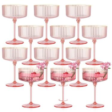 Imagem de HKSZEH 12 peças de copos de cupê com nervuras de plástico rosa champanhe copo cupê 283 g borda dourada destacável copo de martini expresso vintage vidro Margarita copo de coquetel para festa de