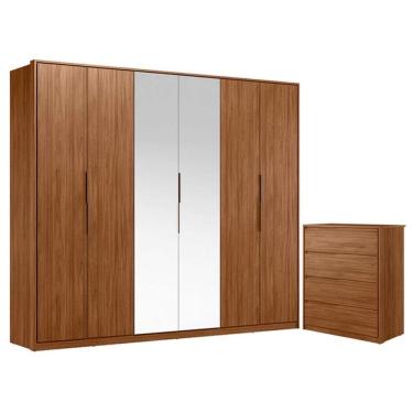 Imagem de Cômoda Atria 4 Gavetas e Guarda Roupa Casal Atrice Nogueira Touch com Espelho Demóbile - Demartêz
