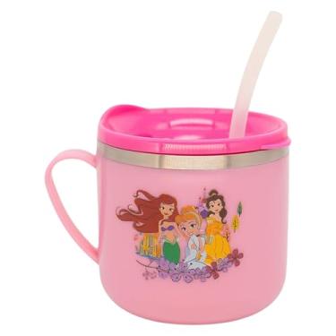 Imagem de Zonacriativa - Caneca Térmica Flip Princesas Disney (250ml) | Aço inoxidável, bpa free, alça ergonômica e canudo de silicone | Ideal para lanche e escolinha
