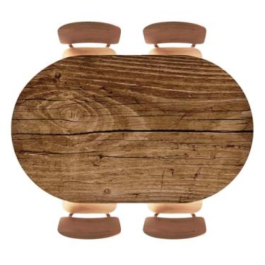 Imagem de Toalha de mesa oval de grão de madeira com borda elástica, toalhas de mesa de madeira escura, panos de poliéster impermeáveis para decoração interna e externa, adequada para mesas de 106 x 152 cm