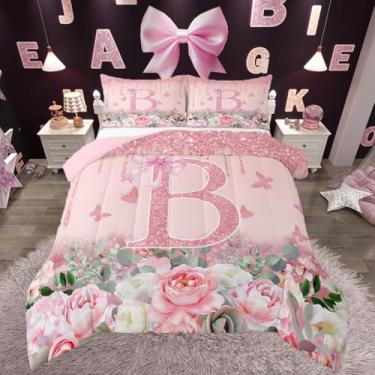 Imagem de jejeloiu Conjunto de edredom rosa dourado para crianças, meninos, meninas, tamanho solteiro, conjunto de cama com laço rosa, edredom personalizado com letra B, edredom com tema de letra rosa