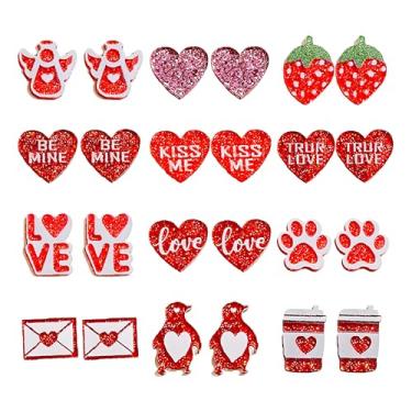 Imagem de coadipress Conjunto de 12 pares de brincos femininos de dia dos namorados com glitter, rosa, coração, envelopes, acrílico, leve, fofo, vermelho, casamento, aniversário, férias, presente, Standard