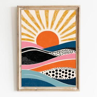 Imagem de Boho Sun Canvas Wall Art Montanhas Sunrise Pintura Colorida Impressionista Pôster Arte Impressionista Meados do Século Moderno Boho Imagem Abstrata Pôster Aquarela Sol Impressão Aquarela para Sala de