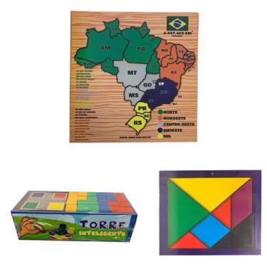 Imagem de Kit Pedagógico Mapa Brasil, Tangram e Torre Inteligente - Maninho Brin