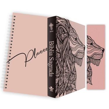 Imagem de Livro - Kit Leão Rosa - Planner Capa Lisa + Bíblia Brochura NTLH + Marca Página