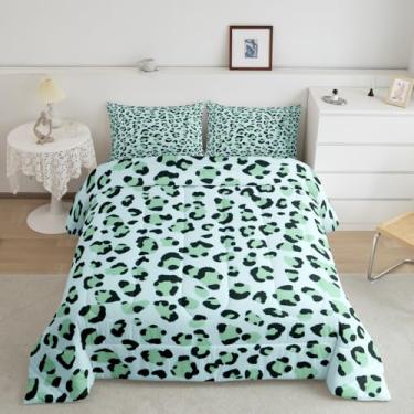Imagem de Feelyou Jogo de cama solteiro com estampa de leopardo, estampa de animal, safári, respirável, para meninos e meninas, adolescentes, conjunto de edredom verde