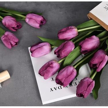 Imagem de ArtCredit Buquê de tulipas artificiais com 10 hastes de flores falsas realistas para decoração de casa de casamento, centro de mesa, presente de chá de panela (roxo)