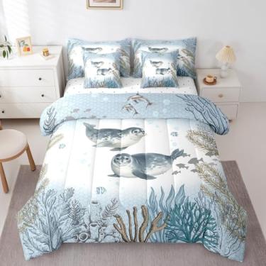 Imagem de Jogo de cama com selo do oceano, 7 peças, azul-petróleo, litoral, litoral, Queen, conjunto de cama com lençol subaquático, para crianças, meninos, meninas, recifes de corais, peixes, kawaii, decoração