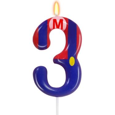 Imagem de Velas de aniversário, velas vermelhas e azuis para bolo número 3, topo de bolo para velas temáticas de jogos, decoração de aniversário, suprimentos para celebrações de aniversário (3)