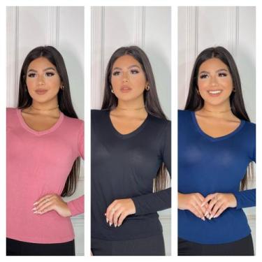 Imagem de Kit 3 blusas femininas manga longa gola v inverno - GK TODA BELA, Rose