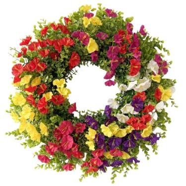 Imagem de Guirlanda para porta da frente, guirlanda de flores artificiais de buxo artificial de 55 cm com folhas de eucalipto para ambientes externos, ambientes internos, à prova de intempéries, resistente a UV