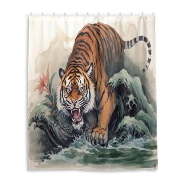 Imagem de Wassud Cortinas de chuveiro Tigre Descendentes Cortina de Chuveiro para Banheiro Impermeável Decoração Conjunto de Cortina de Chuveiro com 12 Ganchos 152 x 182 cm
