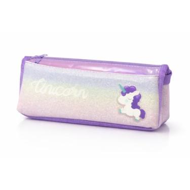 Imagem de Estojo Escolar Duplo Unicórnio Holográfico Infantil com Dois Compartimentos Zíper Reforçado 21x10x21cm Design Brilhante com Glitter Incorporado (Lilás)