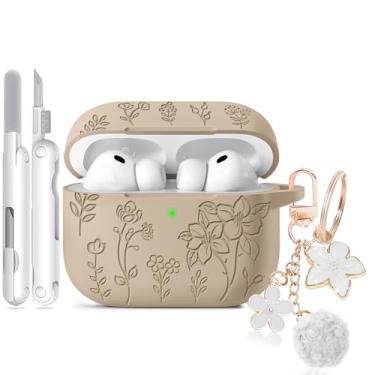 Imagem de Capa para Airpods Pro 3, capa com gravação floral compatível com AirPods Pro 3ª geração 2025, capas de silicone macio com chaveiro fofo e limpador para mulheres femininas, à prova de choque