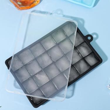 Imagem de 24Grids Moldes de gelo de silicone reutilizáveis grandes moldes de gelo de derretimento lento molde de geladeira congelador DIY utensílios de bar caseiros (preto com tampa)
