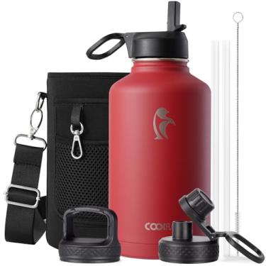Imagem de Coolflask Garrafa de água de 1,8 litro isolada com canudo e 3 tampas, jarro de água de 1,8 g, grande metal de aço inoxidável, boca larga para esportes, academia ou escritório, sem BPA, mantém frio 48H