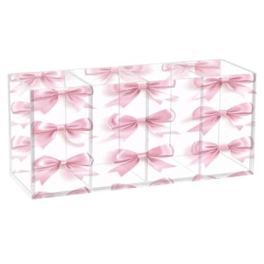 Imagem de Burbuja Porta-canetas de acrílico Valentine Pink Bows, 4 compartimentos, suporte de lápis transparente para pincéis de maquiagem, acessórios de mesa de escritório em casa