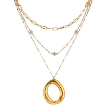 Imagem de Camhanno Colar feminino de ouro em camadas – banhado a ouro 18 K com trevo de quatro folhas e pingente de círculo torcido, corrente de gargantilha com clipe de papel que não mancha, joia elegante para