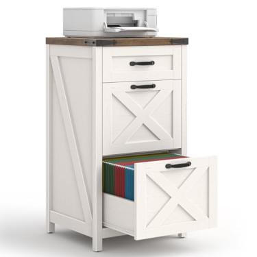 Imagem de Halitaa Armário de arquivo pequeno com 3 gavetas, armário de arquivo vertical para casa de fazenda, tamanho carta/A4, suporte de impressora de madeira para escritório, sala de estar, branco rústico