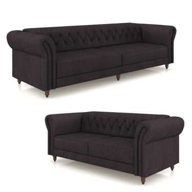 Imagem de Conjunto de Sofá Sala de Estar Stanford Chesterfield 2 e 3 Lugares 180cm/240cm Pés Madeira Couro Borgonha G58 - Gran Belo