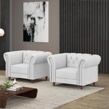 Imagem de Kit 2 Poltronas Decorativas Sala de Estar Stanford Chesterfield Pés de Madeira Couro Branco G58 - Gran Belo