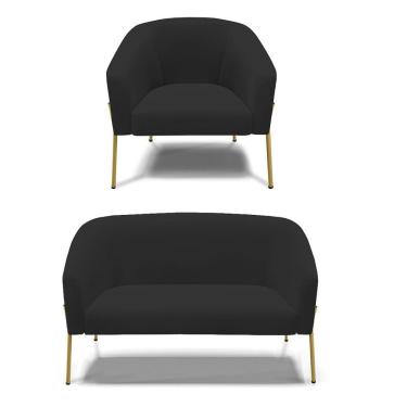 Imagem de Sofá Namoradeira E Poltrona Pé De Ferro Dourado Stella Veludo D03 - D'rossi Cor Preto