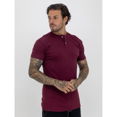 Imagem de Camiseta Slim Canelada Com Botão Lisa Estilo Americano Streetwear Justa ao Corpo Ribana Vinho-Masculino