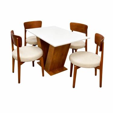 Imagem de Mesa de Jantar Classic 120x80cm com Vidro e 4 Cadeiras Maldivas em Linho Madeira Cel Móveis Cor Cinamomo Off White com Tecido Bege