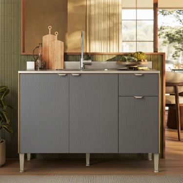 Imagem de Balcão de Cozinha para Pia 120 Cm Soul 3 Portas 1 Gaveta  Freijó/Gris - Kits Paraná