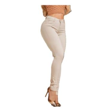 Imagem de Calça Jeans Feminina Bege Cintura Alta Com Lycra - Sem Marca, Bege, 40