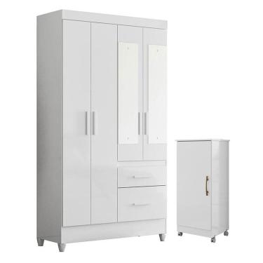 Imagem de Guarda Roupa Solteiro Madri com Espelho e Armário Multiuso Lírio Branco Brilho – Moval