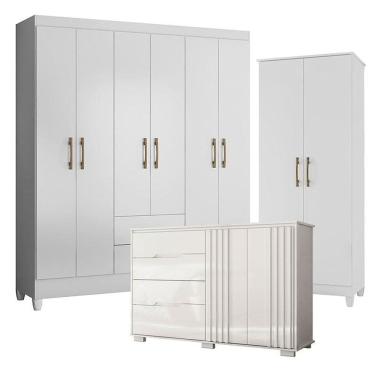 Imagem de Guarda Roupa Casal Panamá com Cômoda Texas e Armário Multiuso Jade Branco Brilho– Moval