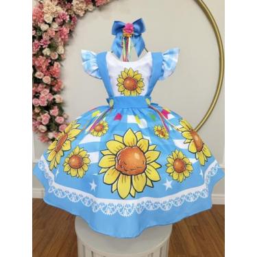 Imagem de Vestido Xadrez Festa Junina Infantil Azul Girassol Junino Caipira Quad