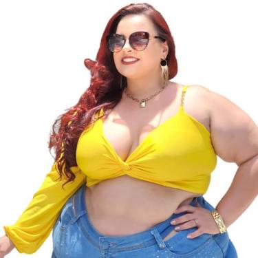 Imagem de Cropped nula manga longa decote V nó torcido alça corrente slim e plus