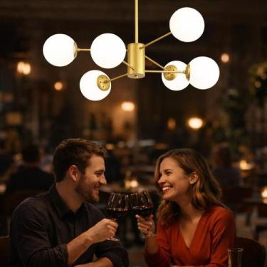 Imagem de Lustre 6 Globos Vidro 12,5cm Jabuticaba Metal Dourado Luminária Teto G