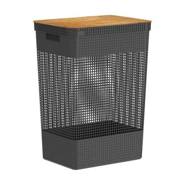 Imagem de Cesto de roupas Ou 49L com tampa de bambu Linha Grid, Preto