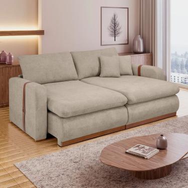 Imagem de Sofá Cama Retrátil e Reclinável 2 Lugares Pés Madeira Maciça 210Cm França Yescasa Bege