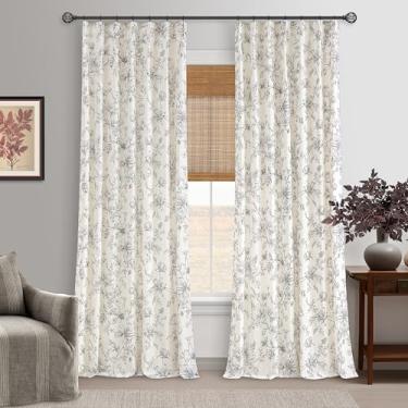 Imagem de Cortinas plissadas de linho floral com 224 cm de comprimento para sala de estar, quarto, flores pretas, estampadas, vintage, rústica, fazenda, campo, gasto, chique, cortinas plissadas com anéis de